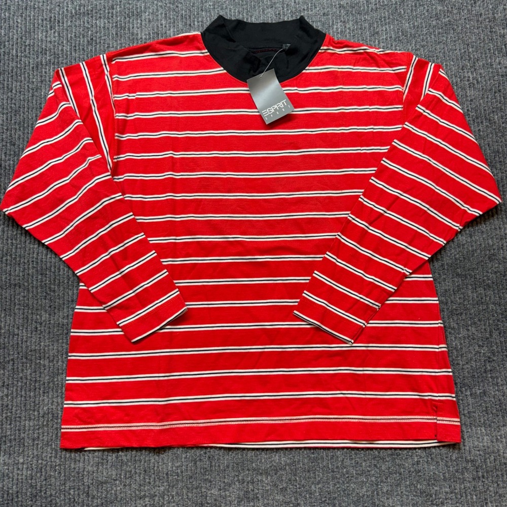 Vintage Esprit Sport Mens Red White Striped Mock Neck Long Sleeve Shirt 90s M